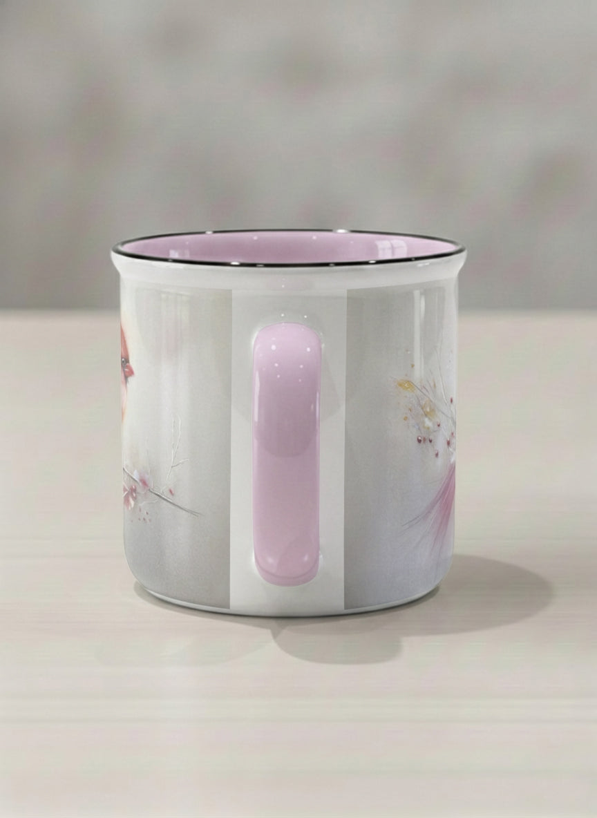 Enamel mug | lossom Visitor side view mug, a delicate pink cardinal perched on a wispy blossom branch against a soft ivory mist, blush pink interior and handle, by Karina Mosser - Gallery By Inhesion