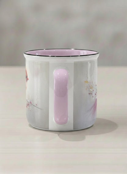 Enamel mug | lossom Visitor side view mug, a delicate pink cardinal perched on a wispy blossom branch against a soft ivory mist, blush pink interior and handle, by Karina Mosser - Gallery By Inhesion