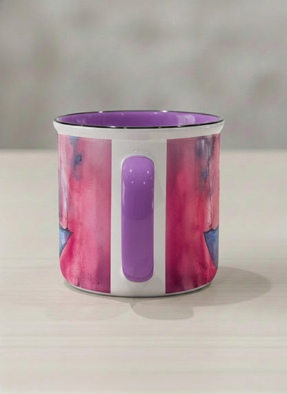 Enamel mug | Sail the Moon side view mug with watercolor night scene, boat silhouette, trees and full moon, purple handle and interior by Renee Pupetz - Gallery By Inhesion