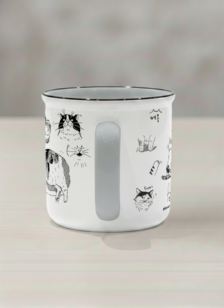 enamel mug | Moments of Curiosity side view mug  ink-sketched cats in playful poses with Korean script on white, grey interior, by Hyun Jung Cho