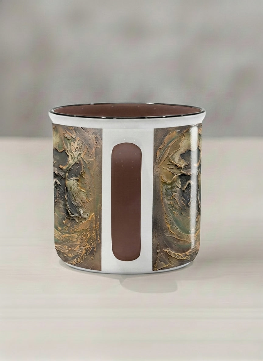 Enamel Mug | Memories of The Soul side view mug featuring abstract earth tones and natural patterns by Mersedes Mein - Gallery By Inhesion