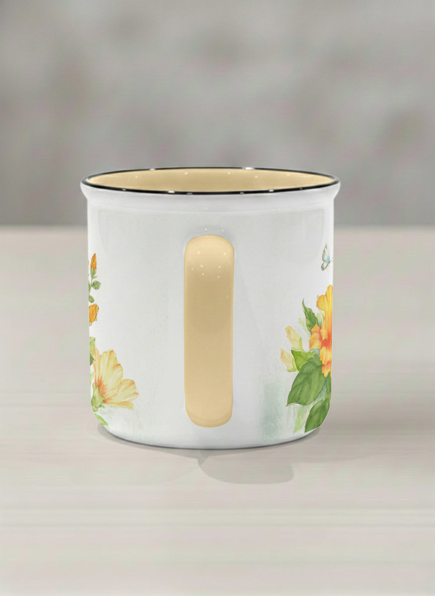 Enamel Mug | Butterfly Lovers side view mug with watercolor butterflies and vibrant yellow/orange flowers by Alice Wong - Gallery By Inhesion