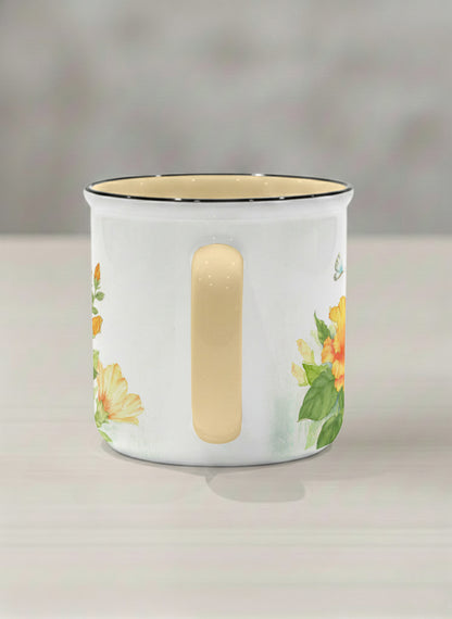 Enamel Mug | Butterfly Lovers side view mug with watercolor butterflies and vibrant yellow/orange flowers by Alice Wong - Gallery By Inhesion