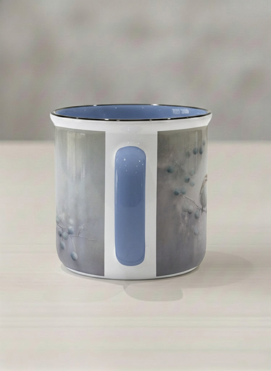 enamel mug | A Quiet Moment side view mug, solitary bird perched in a soft misty landscape with delicate dot details, dusty blue interior and handle, by Karina Mosser - Gallery By Inhesion
