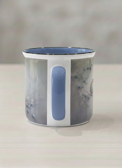enamel mug | A Quiet Moment side view mug, solitary bird perched in a soft misty landscape with delicate dot details, dusty blue interior and handle, by Karina Mosser - Gallery By Inhesion