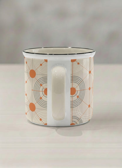Enamel Mug | Entangled Terracotta Web side view mug, orange geometric circle pattern, cream finish, by Alan CL Lee - Gallery By Inhesion