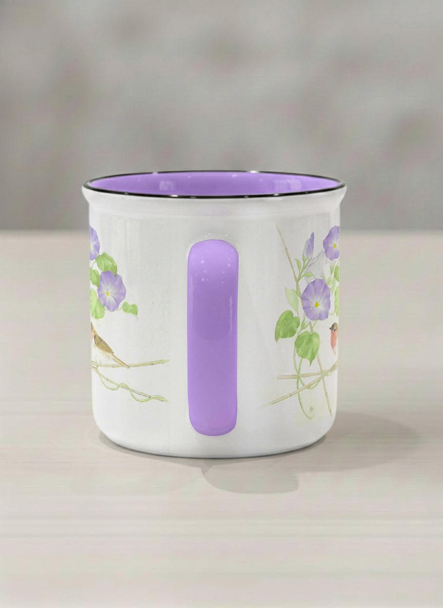 Enamel Mug | Morning Glory side view mug with watercolor bird and purple flowers artwork by Alice Wong - Gallery By Inhesion
