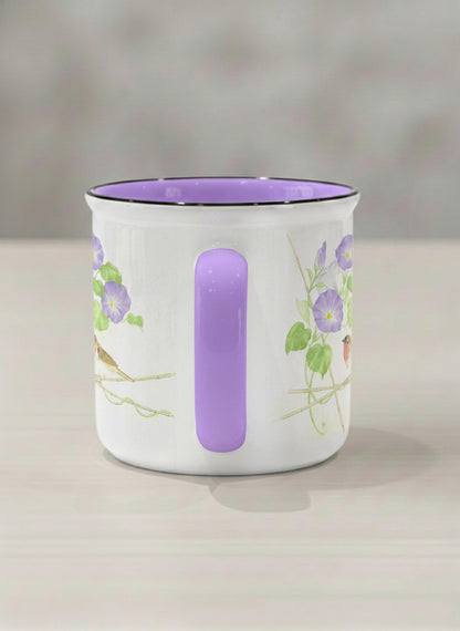 Enamel Mug | Morning Glory side view mug with watercolor bird and purple flowers artwork by Alice Wong - Gallery By Inhesion