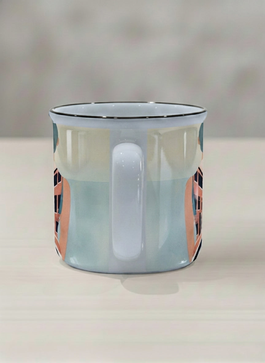 Enamel mug | Memory on the Bridge side view mug a solitary figure gazing over a sunlit Venetian canal lined with terracotta buildings, soft powder blue interior and handle, by KikaG - Gallery By Inhesion