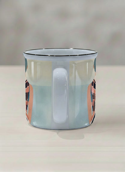 Enamel mug | Memory on the Bridge side view mug a solitary figure gazing over a sunlit Venetian canal lined with terracotta buildings, soft powder blue interior and handle, by KikaG - Gallery By Inhesion