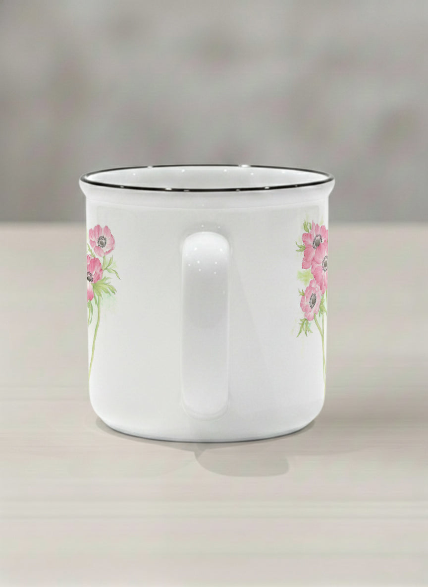 Enamel Mug | Dancing in Spring side view mug showing delicate pink flowers by Alice Wong - Gallery By Inhesion