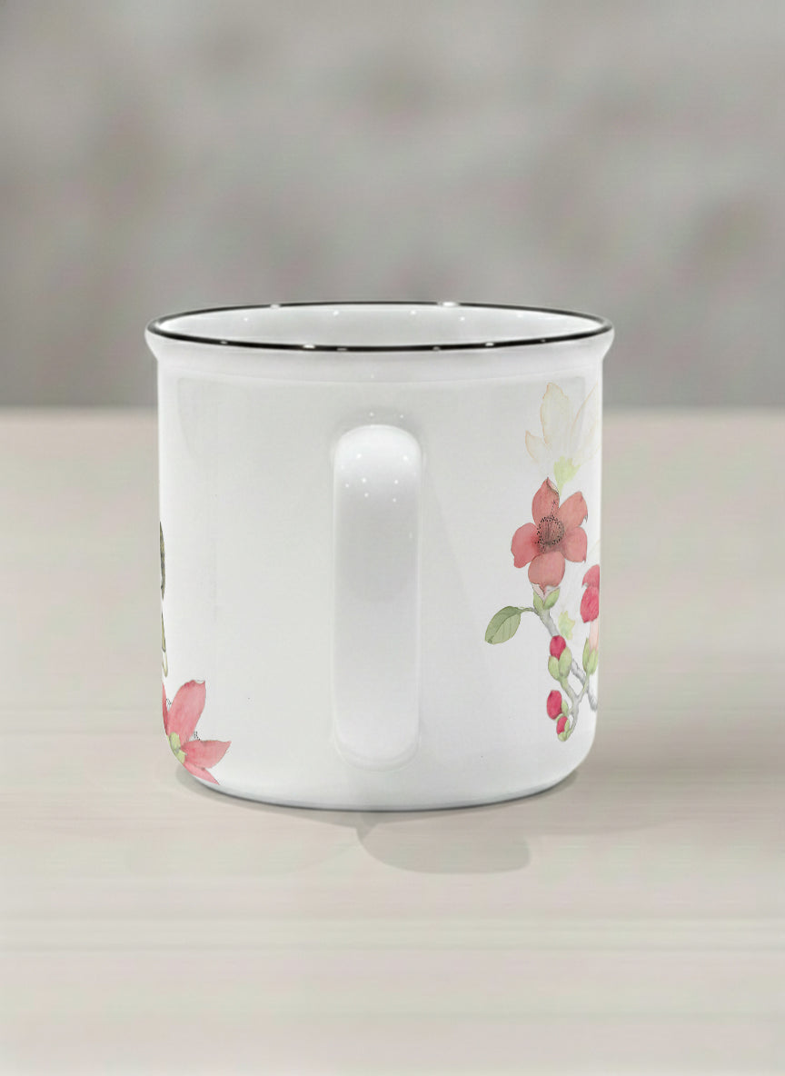 Enamel Mug | The Radiance of Red Kapok side view mug with watercolor illustration of a red bird and pink flowers artwork by Alice Wong - Gallery By Inhesion