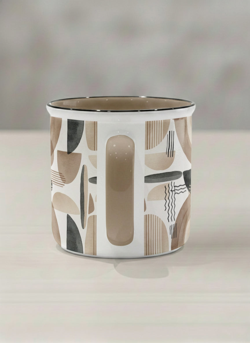 Enamel Mug | Organic Shades side view mug, earthy beige and charcoal abstract shapes, cream interior, olive handle, by Alan CL Lee - Gallery By Inhesion