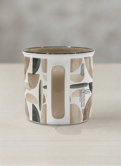 Enamel Mug | Organic Shades side view mug, earthy beige and charcoal abstract shapes, cream interior, olive handle, by Alan CL Lee - Gallery By Inhesion