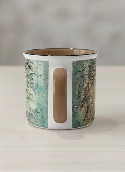 Enamel Mug | Green textured side view mug with earthy, weathered pattern and brown handle on a light surface by Mersedes Mein - Gallery By Inhesion