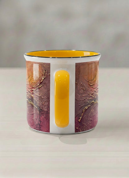 Enamel Mug | Fiery Arabesque side view mug showing abstract marbled pattern in earthy brown, red, and gold tones by Mersedes Mein - Gallery By Inhesion