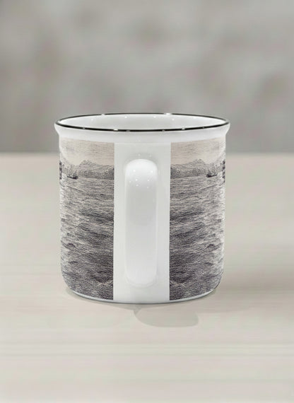 Enamel Mug | Shimmering Passage side view mug showing a pen drawing Star Ferry in Hong Kong by Samuel Kwok - Gallery By Inhesion