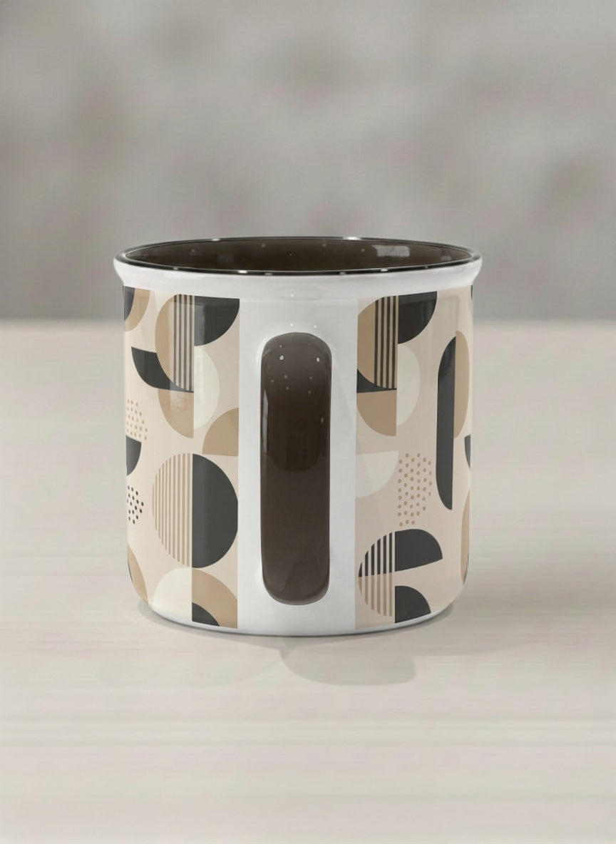 Enamel Mug | Parallel Dune Echo side view mug, beige and charcoal geometric shapes with dots and stripes, dark interior and handle, by Alan CL Lee - Gallery By Inhesion