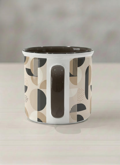 Enamel Mug | Parallel Dune Echo side view mug, beige and charcoal geometric shapes with dots and stripes, dark interior and handle, by Alan CL Lee - Gallery By Inhesion