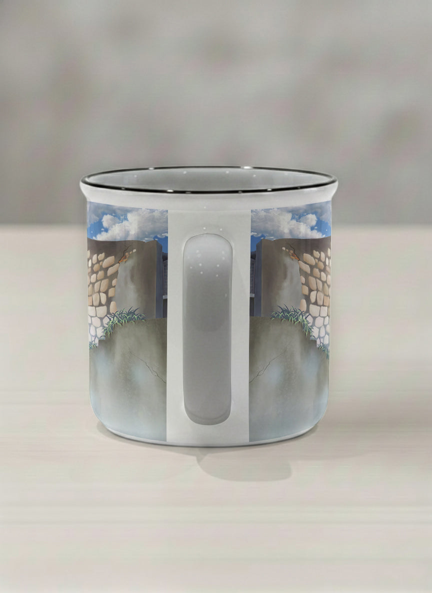 Enamel Mug | The Timeless Facade side view mug ancient stone walls rising under a bright blue sky with soft drifting clouds, clean pearl white interior and handle,  by Samuel Kwok Gallery By Inhesion