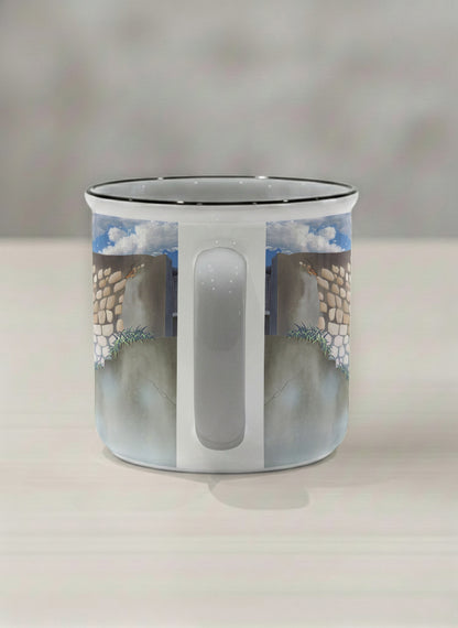 Enamel Mug | The Timeless Facade side view mug ancient stone walls rising under a bright blue sky with soft drifting clouds, clean pearl white interior and handle,  by Samuel Kwok Gallery By Inhesion