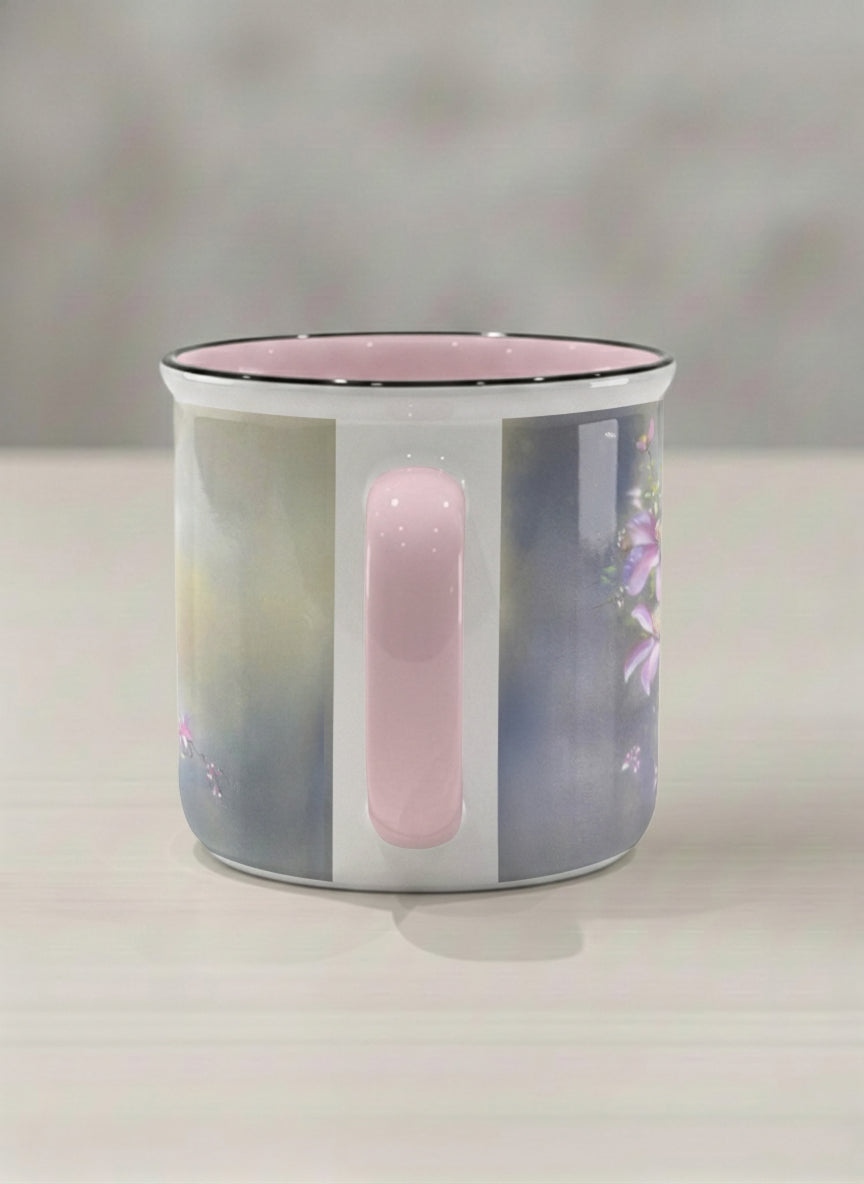 Enamel mug | Ethereal Blossoms side view mug, soft pink clematis flowers glowing against a deep moody sage green mist, blush pink interior and handle, by Karina Mosser - Gallery By Inhesion