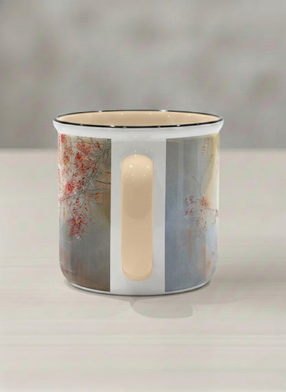 enamel mug | Quiet Waters side view mug, delicate red blossoms and fine branches drifting across a soft celadon mist, warm cream interior and handle, by Karina Mosser - Gallery By Inhesion