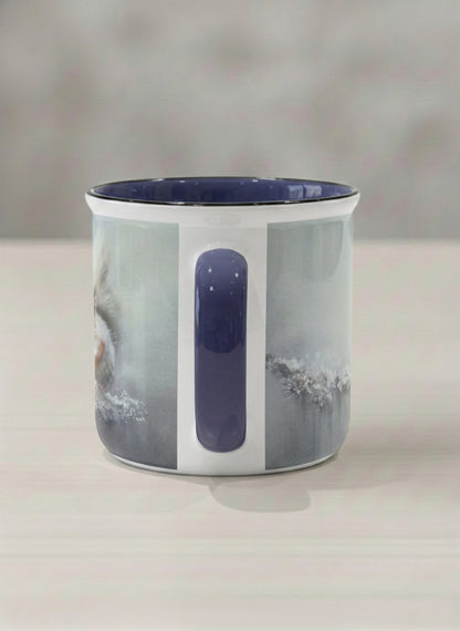 Enamel mug | Caught in Frost side view mug, wide-eyed squirrel emerging from a misty winter ground, slate blue interior and handle, by Karina Mosser - Gallery By Inhesion