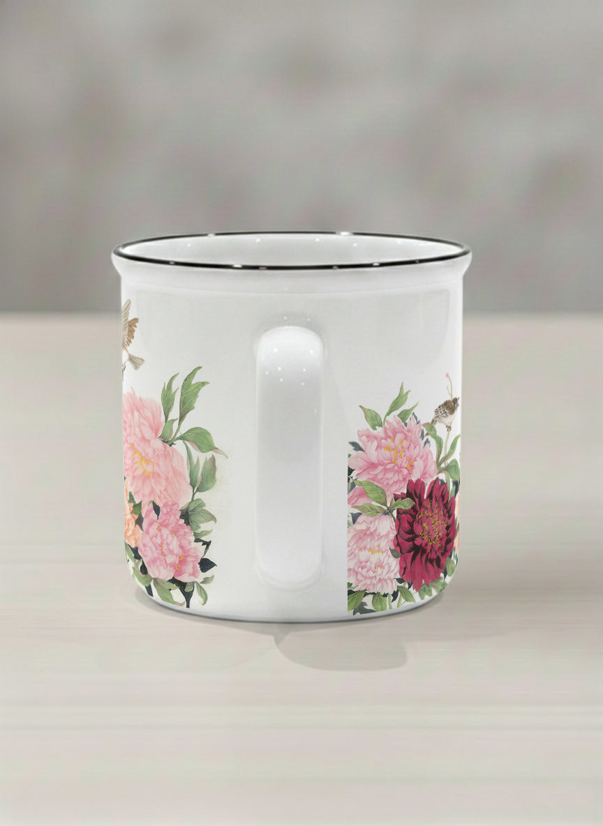 Enamel Mug | A Tapestry of Flowers side view mug with watercolor bird flying amid pink/red flowers by Alice Wong - Gallery By Inhesion