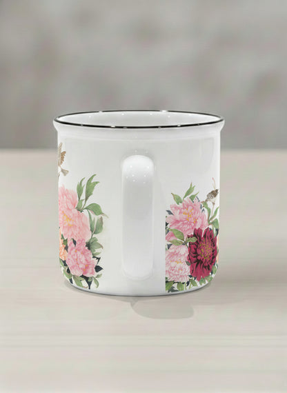 Enamel Mug | A Tapestry of Flowers side view mug with watercolor bird flying amid pink/red flowers by Alice Wong - Gallery By Inhesion