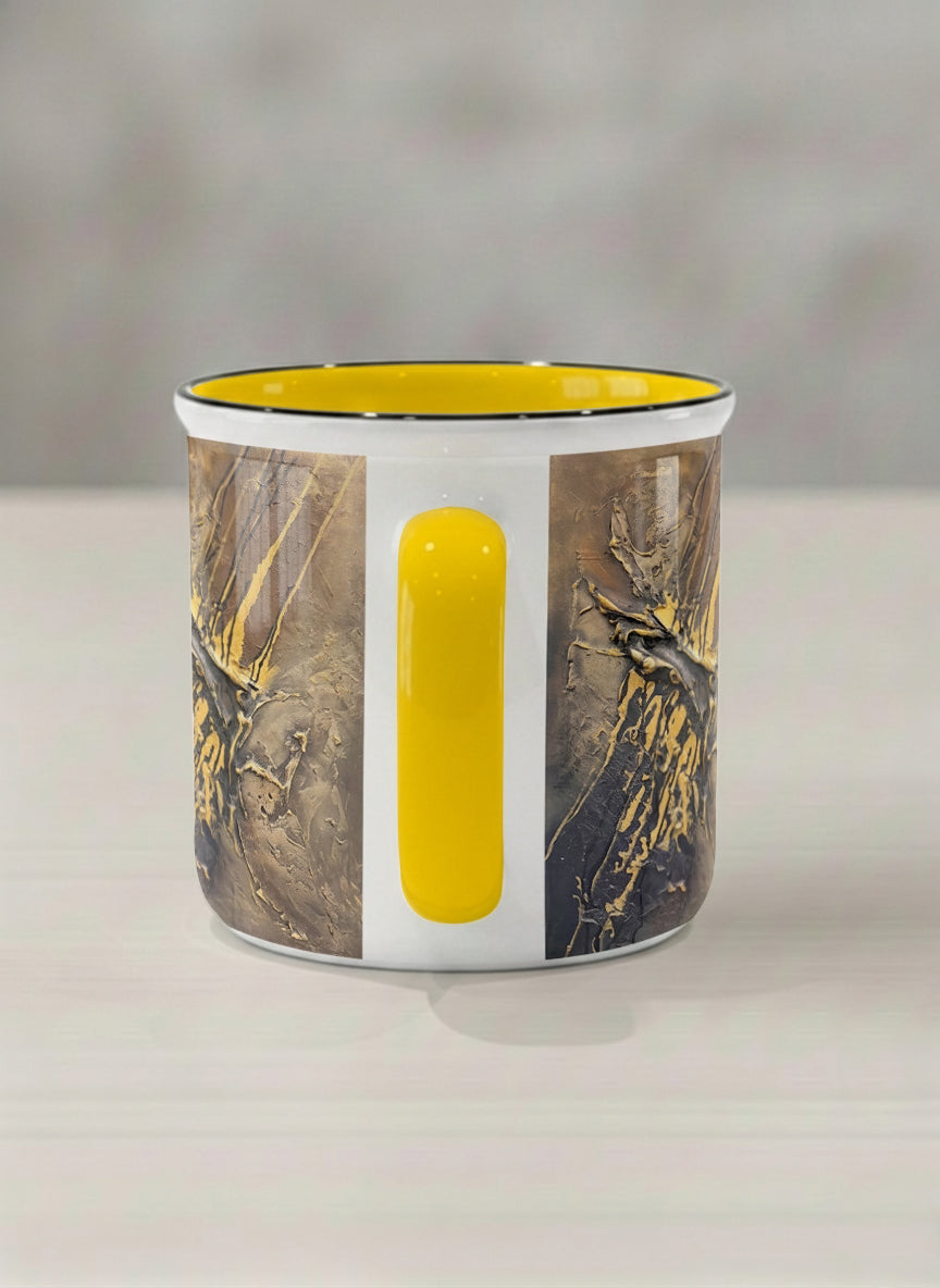 Enamel Mug | Unfolding Luminance side view  mug showing abstract marbled pattern in brown, black, and gold tones by Mersedes Mein - Gallery By Inhesion