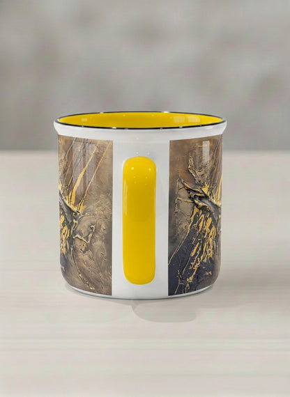 Enamel Mug | Unfolding Luminance side view  mug showing abstract marbled pattern in brown, black, and gold tones by Mersedes Mein - Gallery By Inhesion
