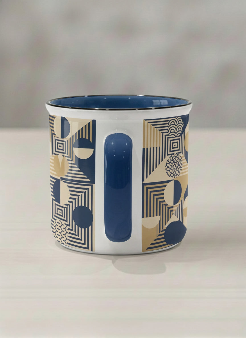 Enamel Mug | Fractured Horizon Drift side view mug, navy and gold geometric pattern, dark interior and handle, by Alan CL Lee - Gallery By Inhesion