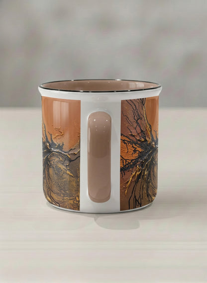 Enamel Mug | Flowing Essence side view mug showing abstract marbled pattern in brown, black, and gold tones by Mersedes Mein - Gallery By Inhesion