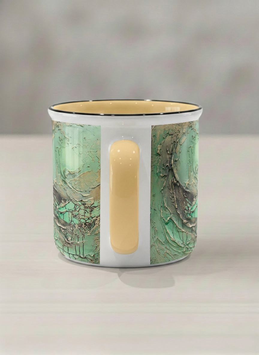 Enamel Mug | Emerald Magic side view mug showing abstract marbled pattern in green, gold, and earthy tones by Mersedes Mein - Gallery By Inhesion
