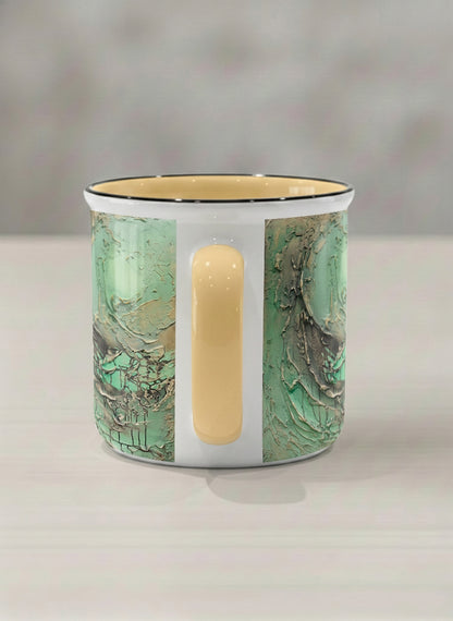 Enamel Mug | Emerald Magic side view mug showing abstract marbled pattern in green, gold, and earthy tones by Mersedes Mein - Gallery By Inhesion