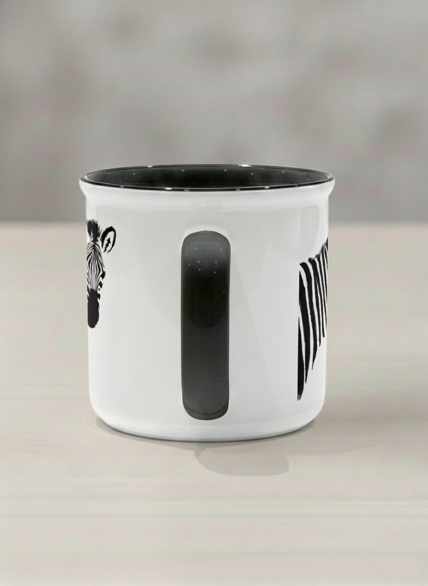Enamel Mug | Swinging between reality and illusion side view mug with a zebra illustration and a person swinging under it by Tang Yau Hoong - Gallery By Inhesion