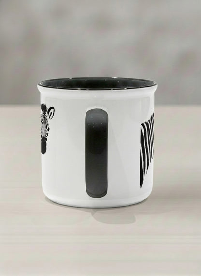 Enamel Mug | Swinging between reality and illusion side view mug with a zebra illustration and a person swinging under it by Tang Yau Hoong - Gallery By Inhesion