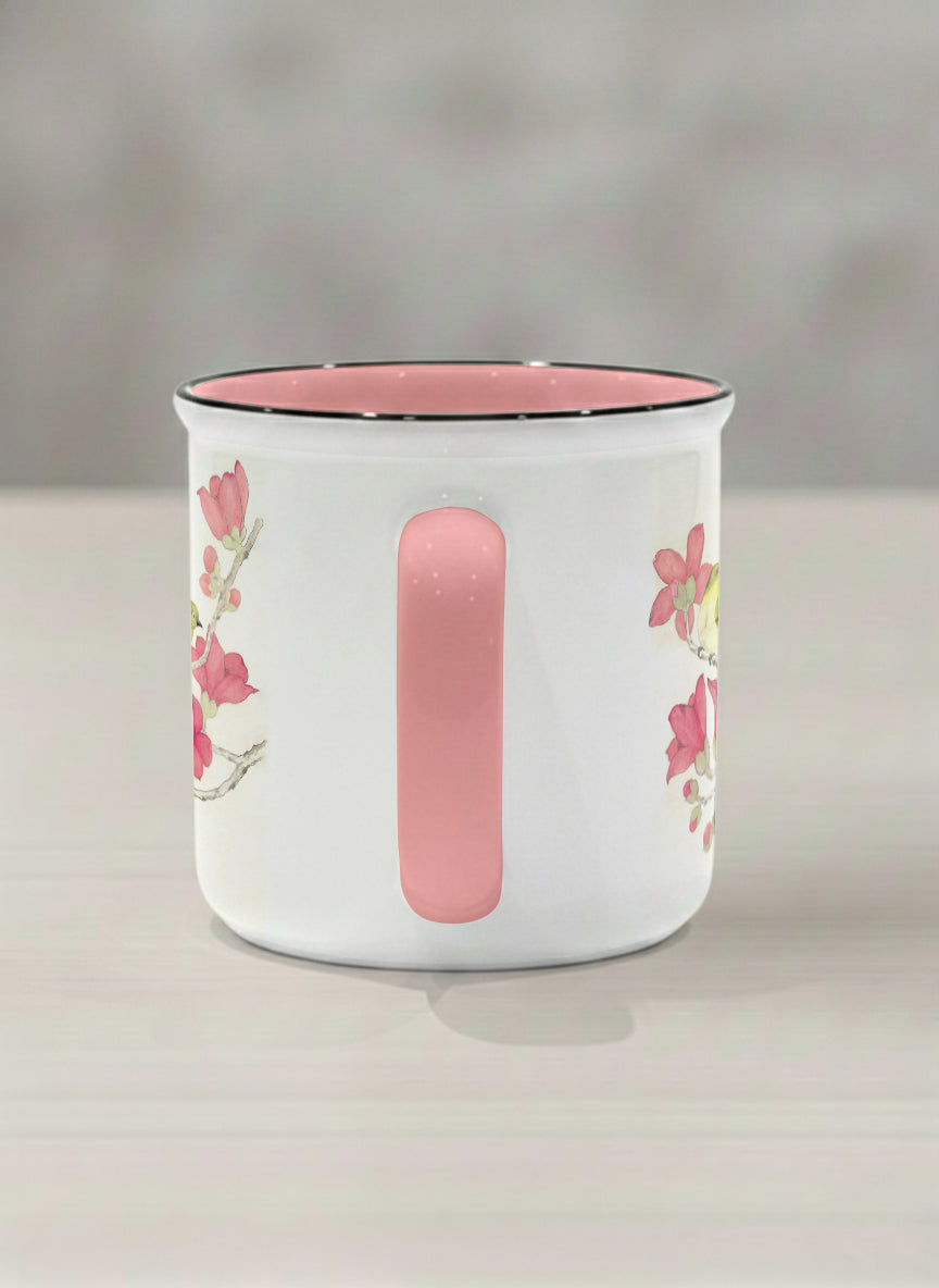 Enamel Mug | Forever Love left view mug with watercolor birds on branch with pink flowers by Alice Wong - Gallery By Inhesion