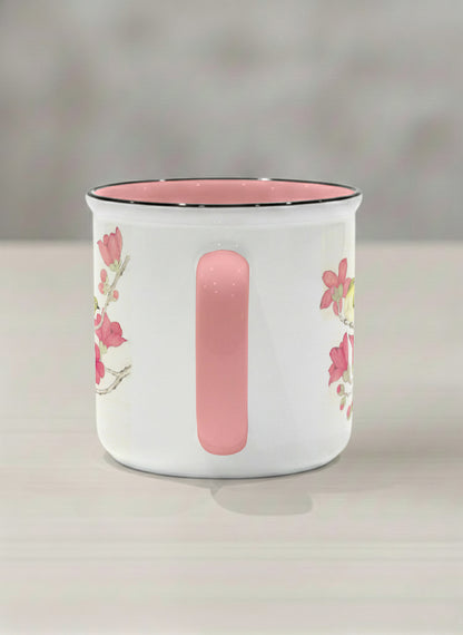 Enamel Mug | Forever Love left view mug with watercolor birds on branch with pink flowers by Alice Wong - Gallery By Inhesion
