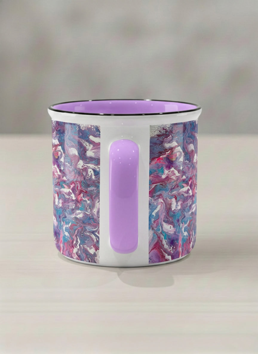 Enamel Mug | Blush Bloom side view mug with a vibrant, marbled pattern in pink and blue hues by Renee Pupetz - Gallery By Inhesion