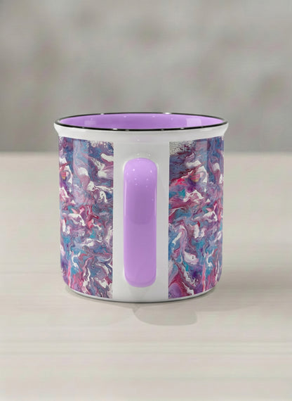 Enamel Mug | Blush Bloom side view mug with a vibrant, marbled pattern in pink and blue hues by Renee Pupetz - Gallery By Inhesion