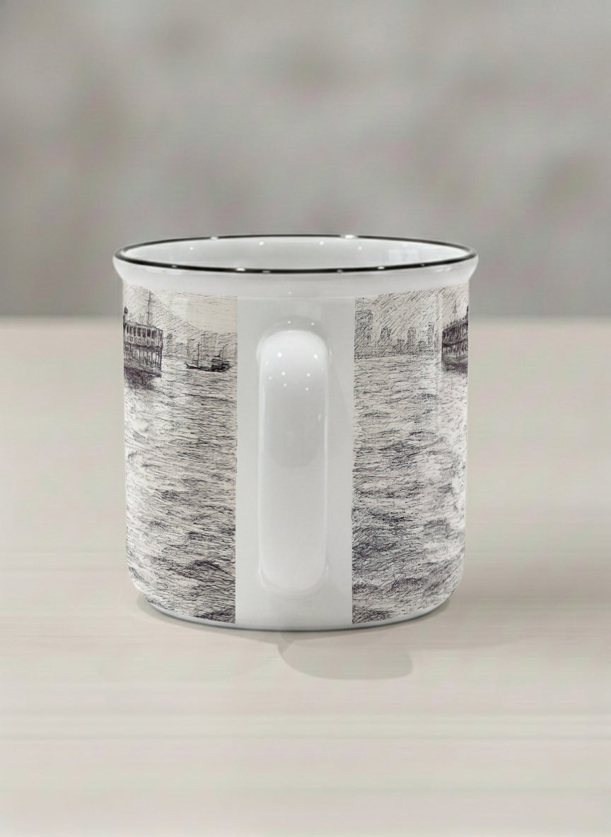 Enamel Mug | Shimmering Passage side view mug showing a pen drawing Star Ferry in Hong Kong by Samuel Kwok - Gallery By Inhesion