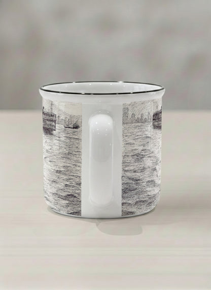 Enamel Mug | Shimmering Passage side view mug showing a pen drawing Star Ferry in Hong Kong by Samuel Kwok - Gallery By Inhesion