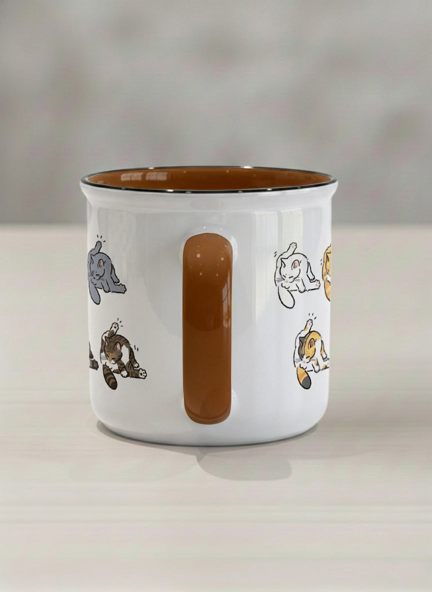 enamel Mug | The Grooming Club side view mug eight cats mid-stretch and self-groom in playful rows, soft grey interior and handle, by Hyun Jung Cho