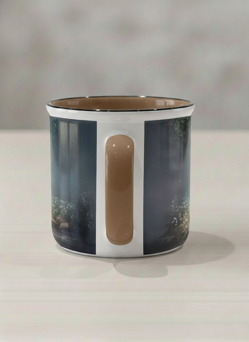 Enamel mug | Serenity Stream side view mug, an enchanted forest with glowing light filtering through misty teal trees and wildflowers by a stream, warm olive interior and handle, by Karina Mosser - Gallery By Inhesion
