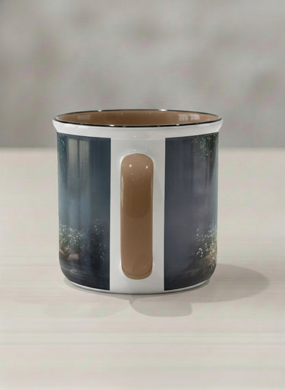 Enamel mug | Serenity Stream side view mug, an enchanted forest with glowing light filtering through misty teal trees and wildflowers by a stream, warm olive interior and handle, by Karina Mosser - Gallery By Inhesion