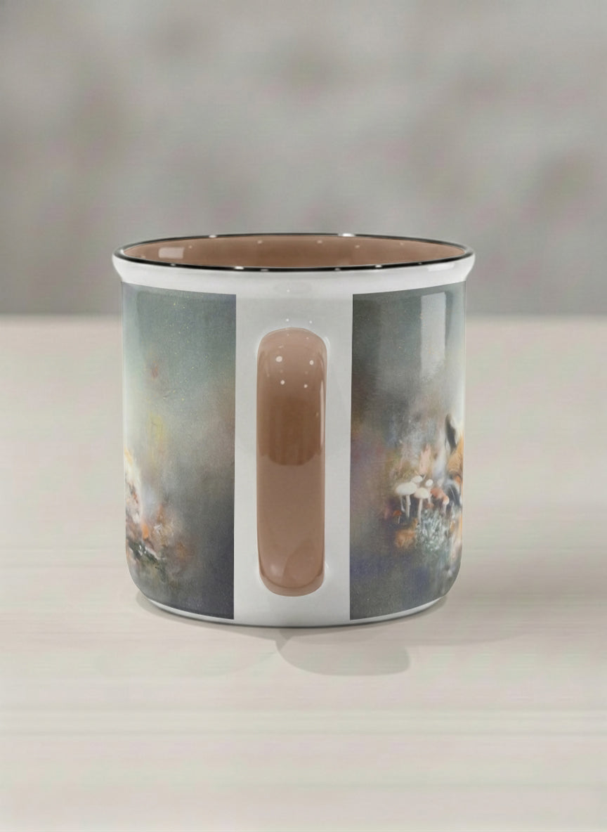 Enamel mug | Lullaby side view mug, sleeping fox curled in a soft misty meadow, warm terracotta interior and handle, by Karina Mosser - Gallery By Inhesion
