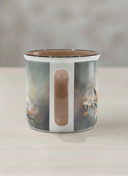 Enamel mug | Lullaby side view mug, sleeping fox curled in a soft misty meadow, warm terracotta interior and handle, by Karina Mosser - Gallery By Inhesion