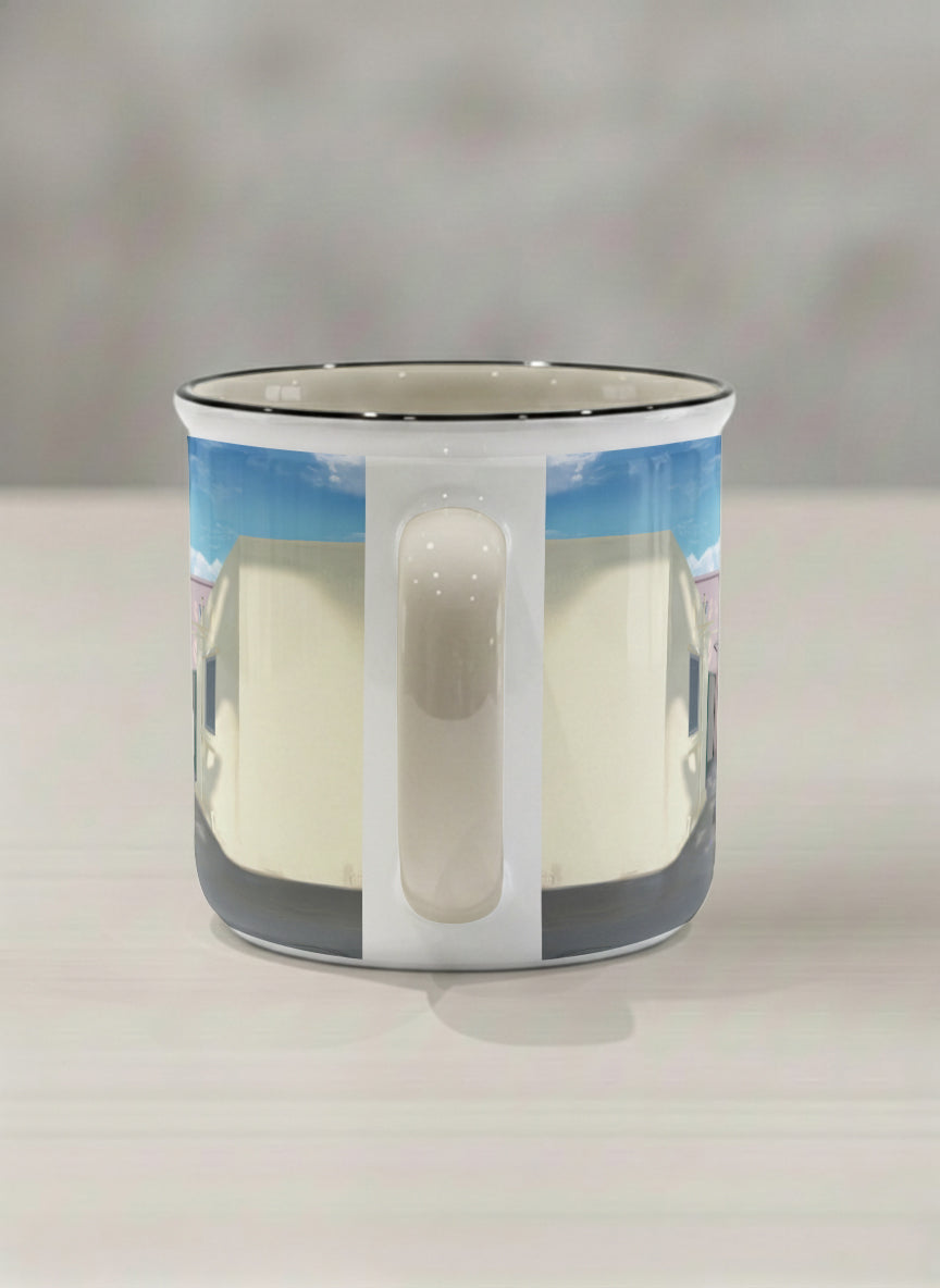 Enamel Mug | The Secret Passage side view mug showing a colorful street scene with a girl walking in a vibrant alley by Samuel Kwok - Gallery By Inhesion